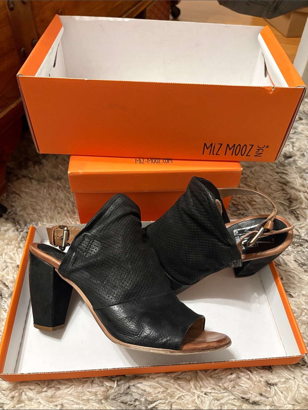 Miz Mooz Black Perforated Leather Peep-Toe Slingback Heels - PASCAL in black